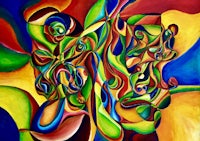 an abstract painting with colorful shapes and colors